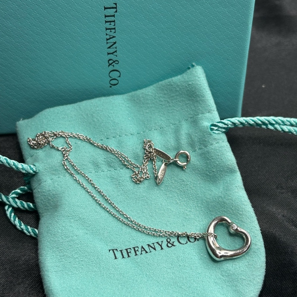 Tiffany & Co. Elsa Peretti Sterling Silver 2P Diamond Open Heart Necklace 16"